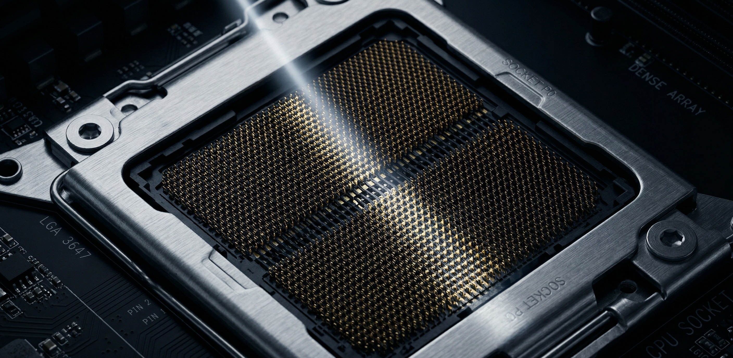 Image of a CPU Intel LGA 3647 socket on a dedicated server motherboard, with a dark and moody atmosphere with a ray of light illuminating the socket, emphasizing its intricate details and metallic textures.
